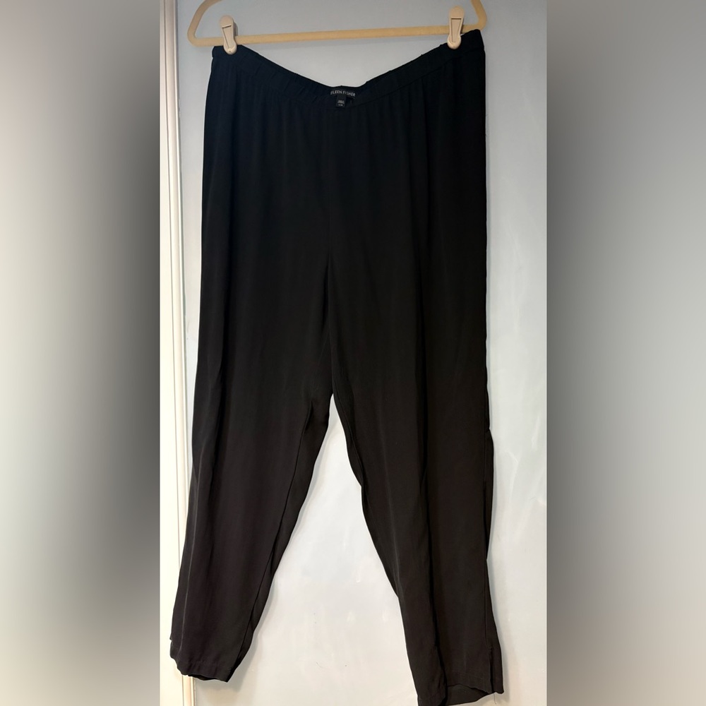 Eileen Fisher Black Cropped Ankle Georgette Washable 100% Silk Pants Size L